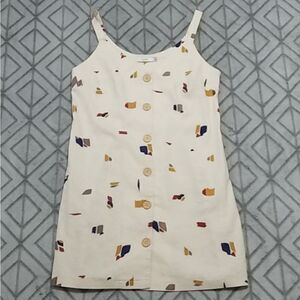Lush Button Down Patterned Cream Summer Shift Spaghetti Strap Coastal Dress 
